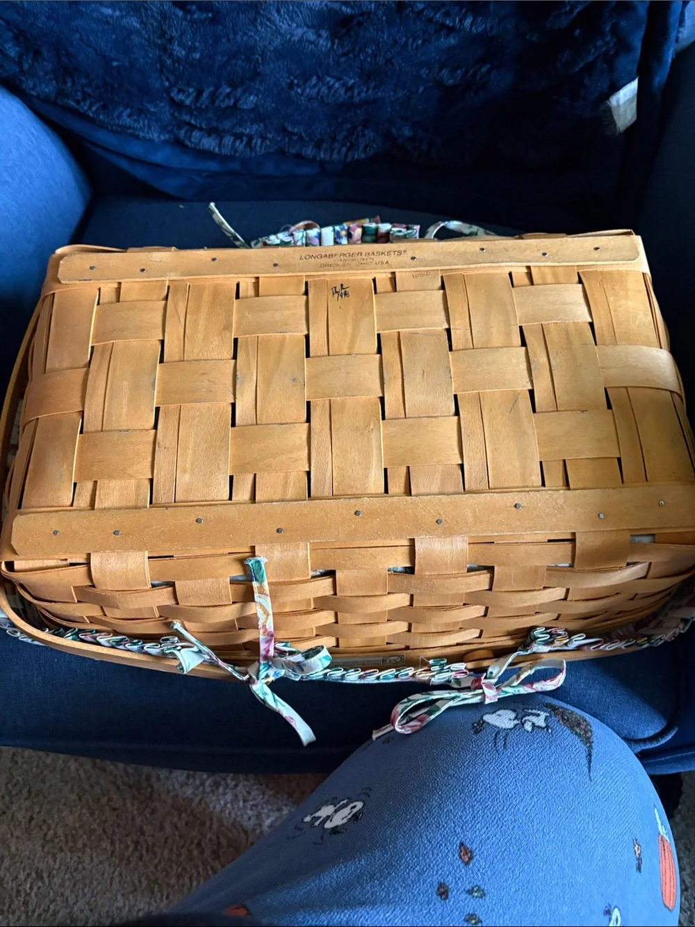 Longaberger Floral Lined Rectangular Basket with Wood Handles